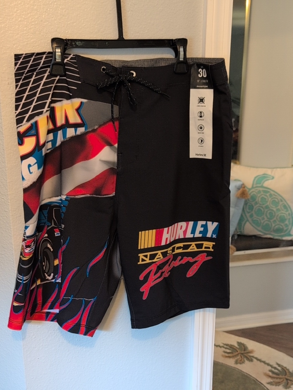 Hurley Black Men’s Board Shorts with Racing Graphics Brand New